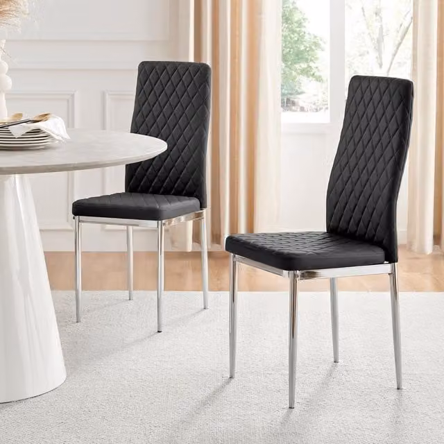 FurnitureboxUK Set of 6 Milan High Back Diamond Pattern Faux Leather Dining Chairs with Silver Chrome Metal Legs in Black – 1