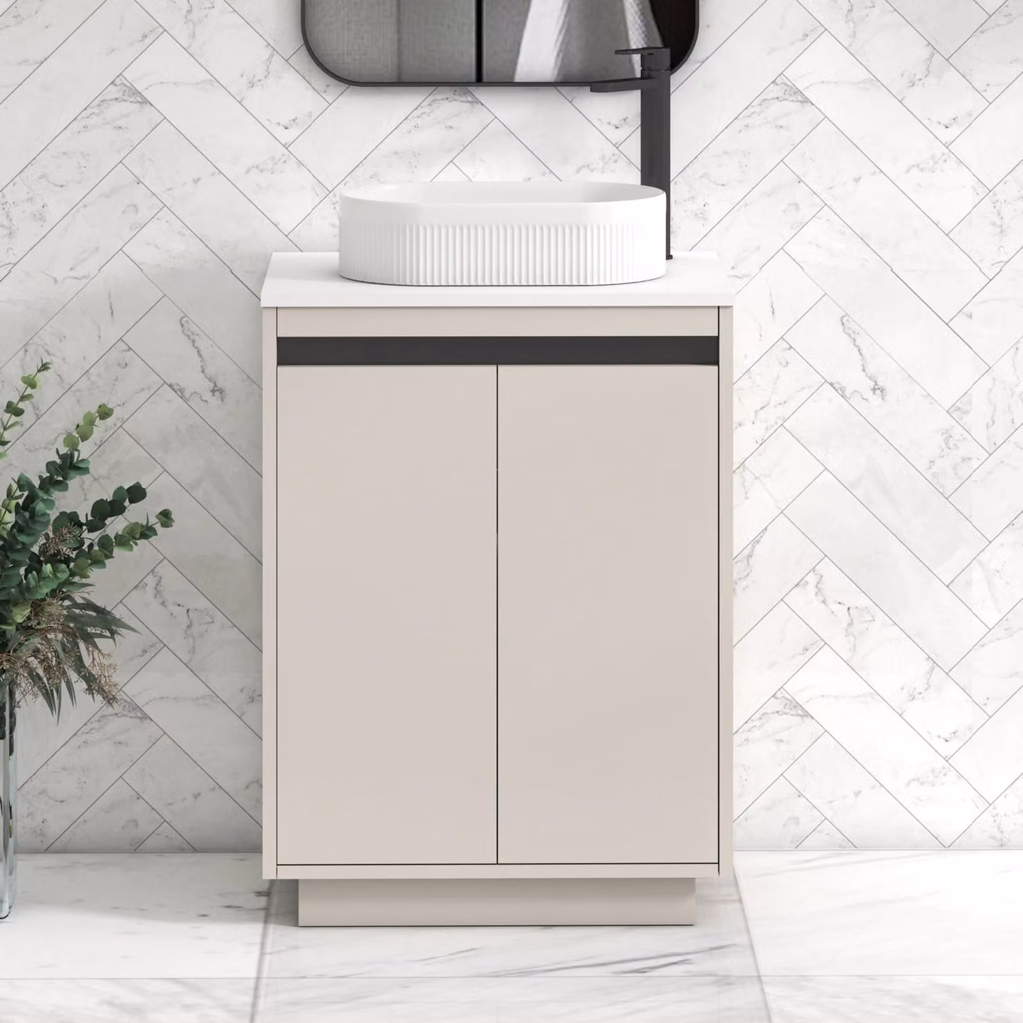 Royal Bathrooms Orion 600mm Warm Taupe Floor Standing 2 Door Vanity Unit with Lyon Basin and Black Accent Trim