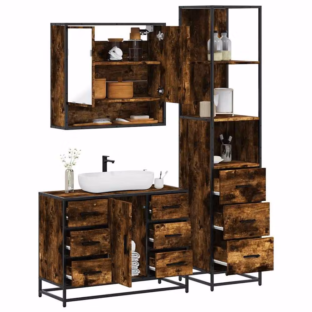 Berkfield Home 3 Piece Industrial Bathroom Furniture Set in Smoked Oak Brown – 2