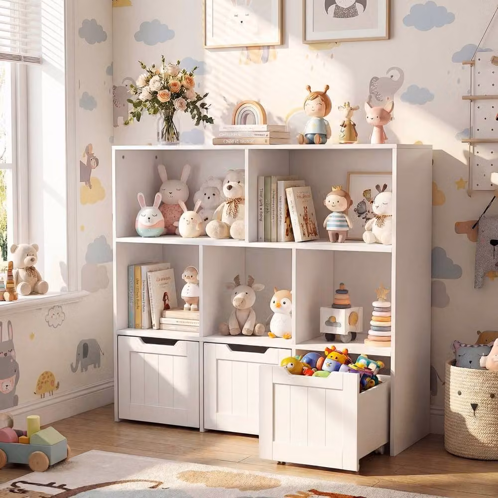 CASART Wooden Toy Storage Organizer for Kids with 5 Open Cubes and 3 Movable Drawers, White – 2