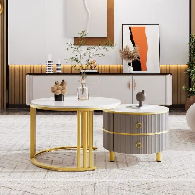 Aosom 2-in-1 Round Coffee Table Set with High-Gloss Tops and 2 Drawers, White and Grey, W: 70 cm, D: 70 cm, H: 46 cm – 1