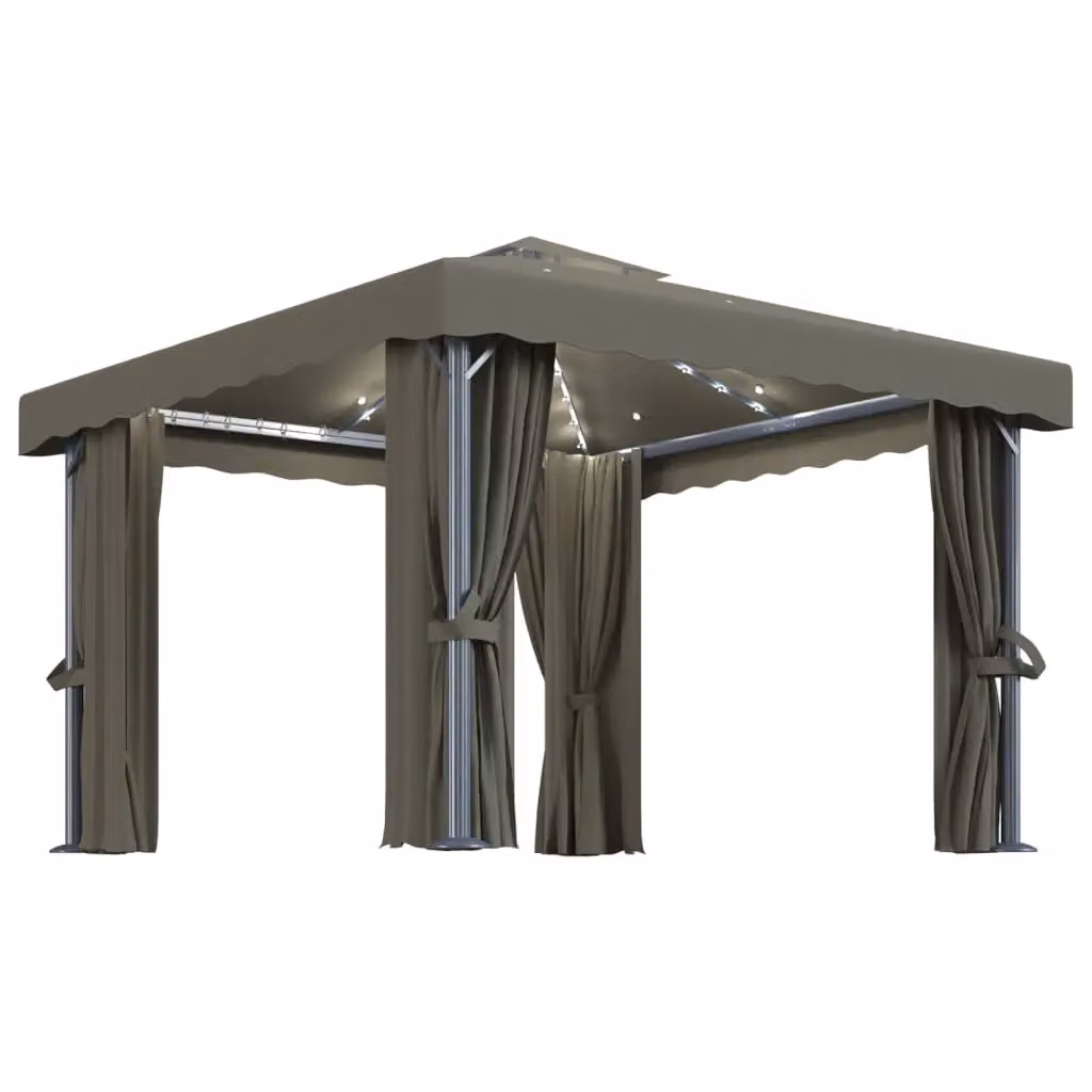 Berkfield Home Gazebo with Curtains and LED String Lights, Beige, W: 300 cm, D: 300 cm, H: 300 cm – 2