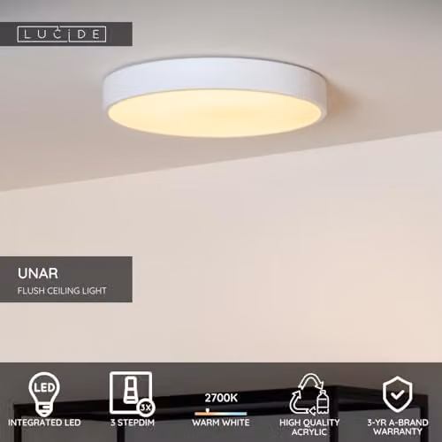 Lucide UNAR Dimmable LED Flush Ceiling Light, White, Diameter: 30 cm – 2