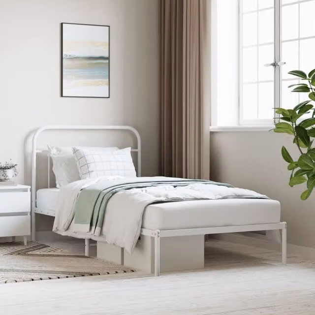 Berkfield Home Metal Bed Frame with Headboard in White W: 107 cm, L: 203 cm – 1