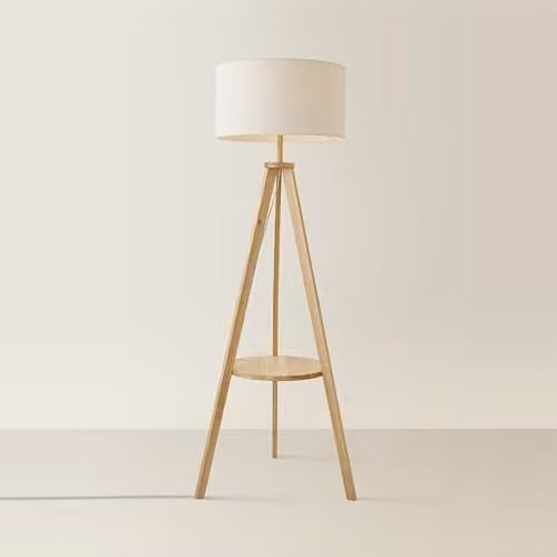 ValueLights Morrigan Modern Wood Tripod Floor Lamp with Beige Fabric Cylinder Shade, H 148 x W 45 x D 45 cm