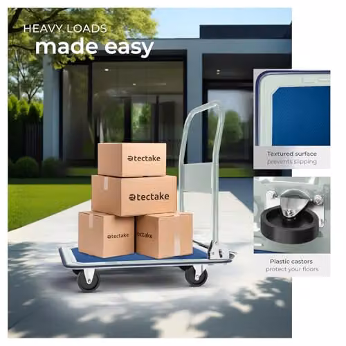 tectake Platform Trolley in Blue with 150 kg Load Capacity, Foldable Handle and Robust Steel Construction – 3