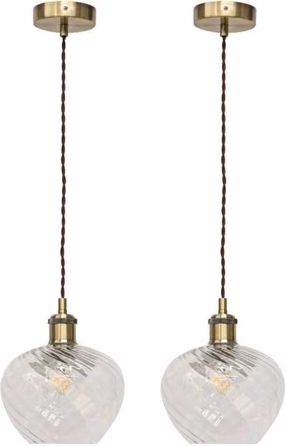 First Choice Lighting Bradson Set of 2 Retro Pendant Lights with Transparent Swirl Glass and Antique Brass Finish