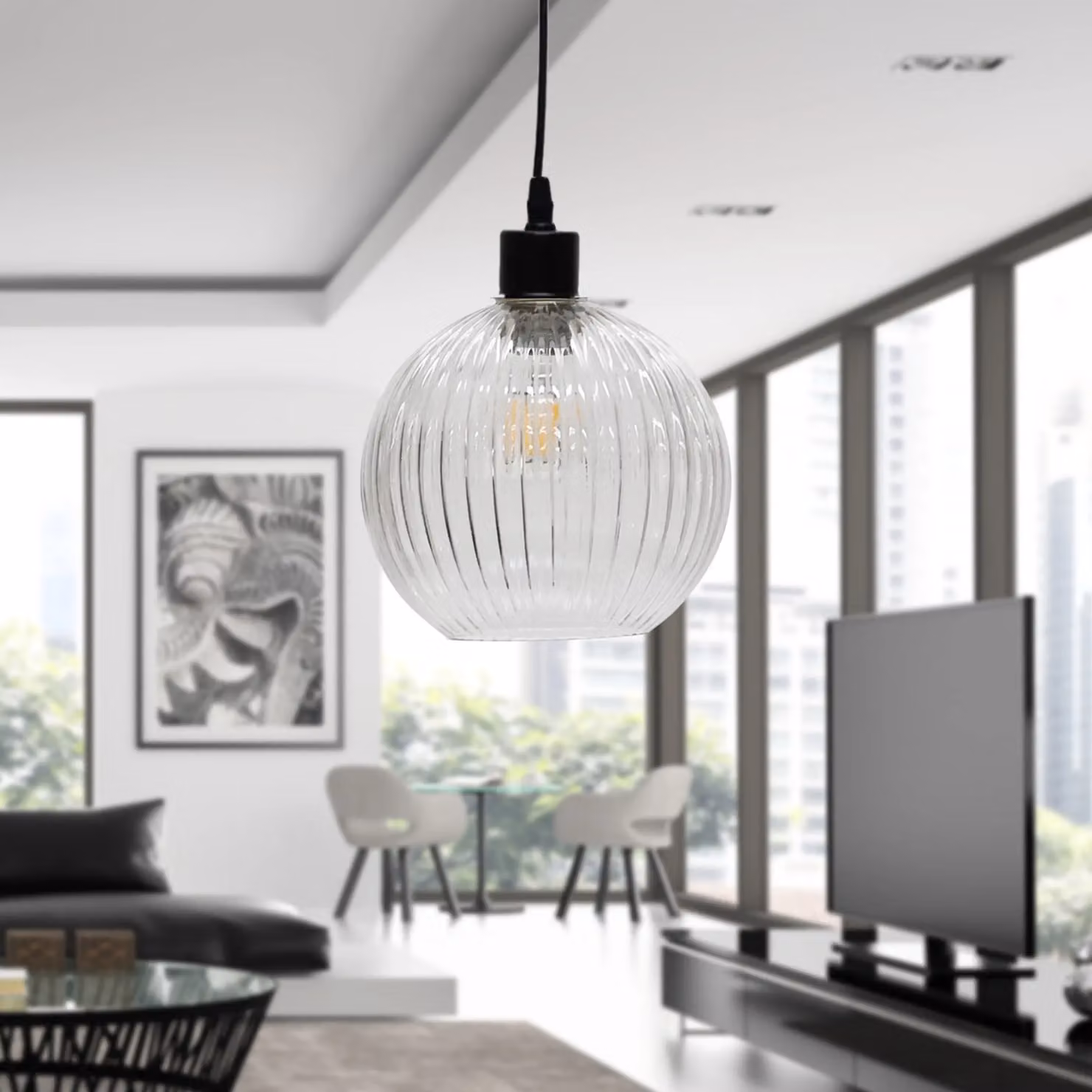 First Choice Lighting Betchley Set of 2 Suspended Pendant Lights with Transparent Ribbed Glass Globes and Black Metal Accents – 2