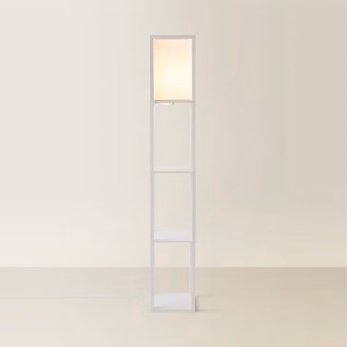 ValueLights Struttura White Wooden Floor Lamp with Fabric Shade and LED Bulb – 1