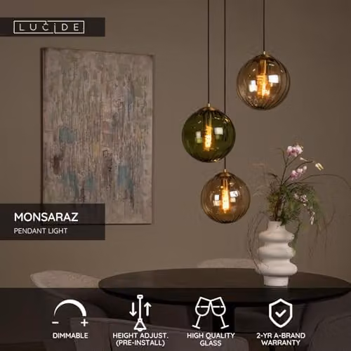 Lucide Monsaraz Dimmable Adjustable Retro Glass Pendant Light, Green, Diameter: 35 cm – 2