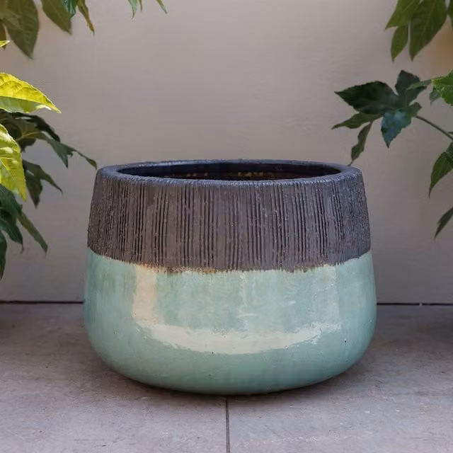 Primrose Brooklyn Low Round Glazed Outdoor Planter in Blue and Multicolour, 27cm