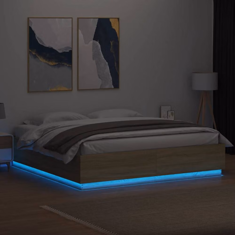 Berkfield Home Sonoma Oak Bed Frame with LED Under-Bed Lighting and USB Charging Ports in Light Oak, W/D/H: 200 x 200 cm – 2