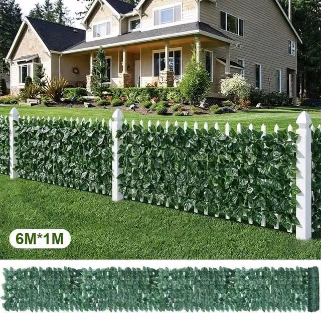 NESTLUNE Green Artificial Ivy Leaf Hedge Mat Roll Privacy Fence Wall Cover, W: 600 cm, H: 100 cm – 1