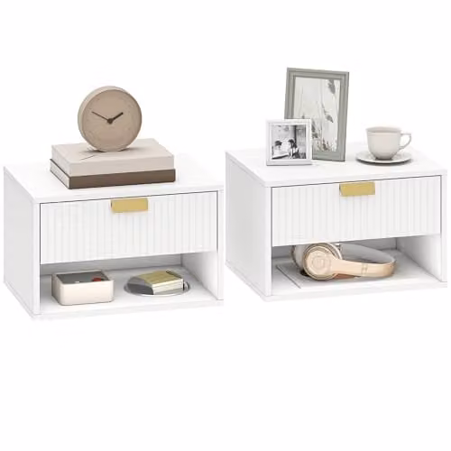 HOMCOM Set of 2 Modern Floating Bedside Tables in White, W: 40 cm, D: 30 cm, H: 25 cm