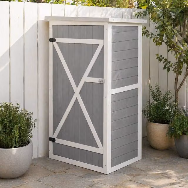 STILVORA Grey Wooden Garden Storage Shed with Shelving and Double Doors W/D/H: 131 x 115 x 50 cm – 1