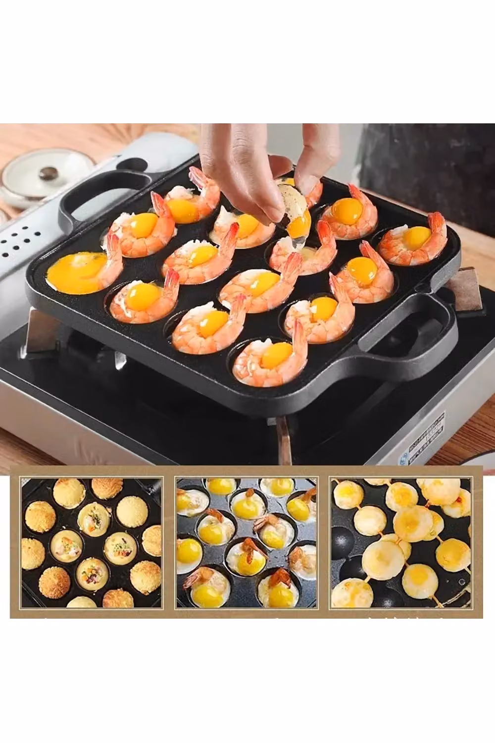 Living and Home 16-Hole Square Cast Iron Takoyaki Pan with Handles Black – 3