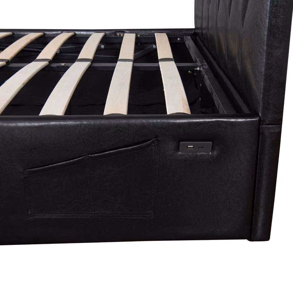 Modernique Black Faux Leather Ottoman Storage Bed with USB Charging Port, H 157.5 x W 180 cm, D 210 cm – 4