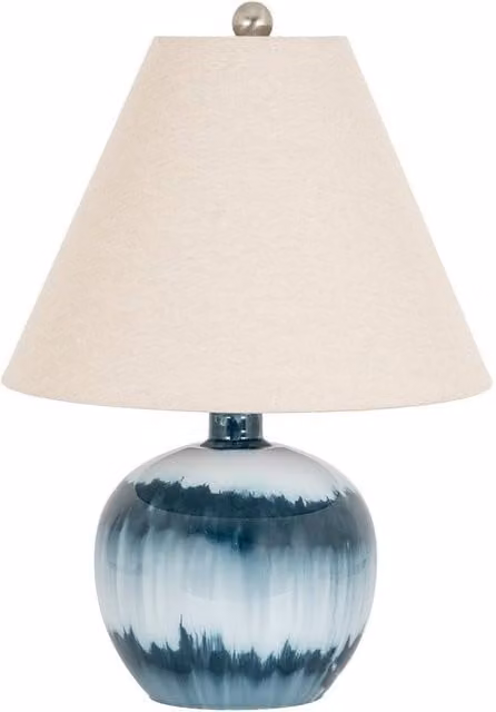 Lemon Pavilion Ocean Shadows Squat Table Lamp with Blue Glass Base and Beige Linen Shade