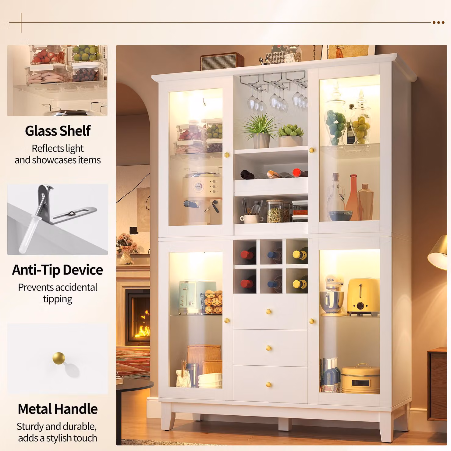Aosom UK White Wine Cabinet with App-Controlled RGB LED Lighting and Glass Doors, H 180.5 x W 40 x D 40 cm – 4