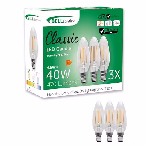 BELL Lighting E14 LED Filament Candle Bulbs, Warm White, Pack of 3 – 1