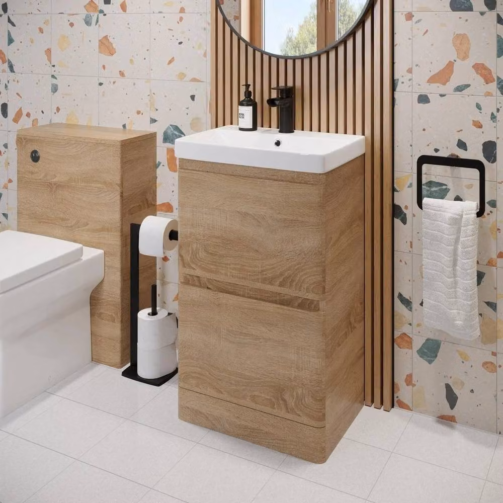 FORGEVIO Modern Wood Freestanding Cloakroom Vanity Unit with Basin in Sand and Brown – 2