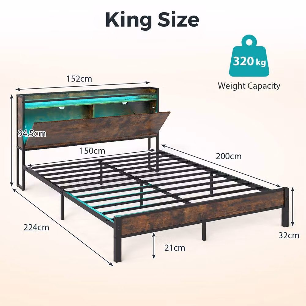 Costway King Size Metal Bed Frame in Black with LED Lights, USB Charging Port and Side Compartments (180x200 cm) – 2