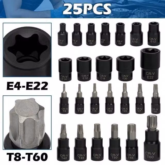 FLAVORA 25-Piece Torx and E-Torx Star Socket Bit Set, Black – 1