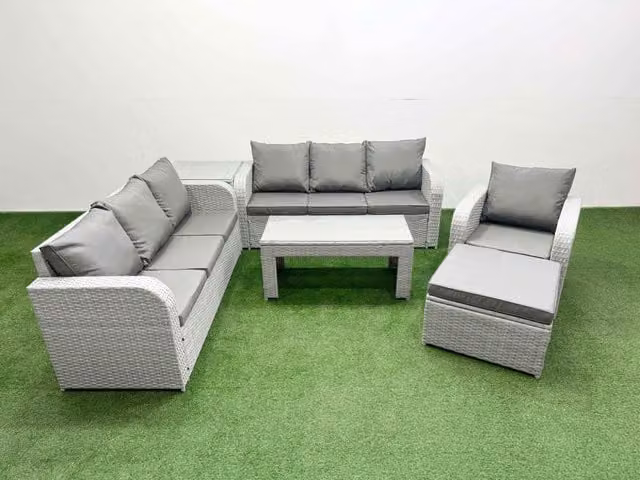Fimous 8 Seater Poly Rattan Garden Furniture Set in Grey with 3 Seater Sofa, Reclining Chairs, Ottoman and Coffee Table