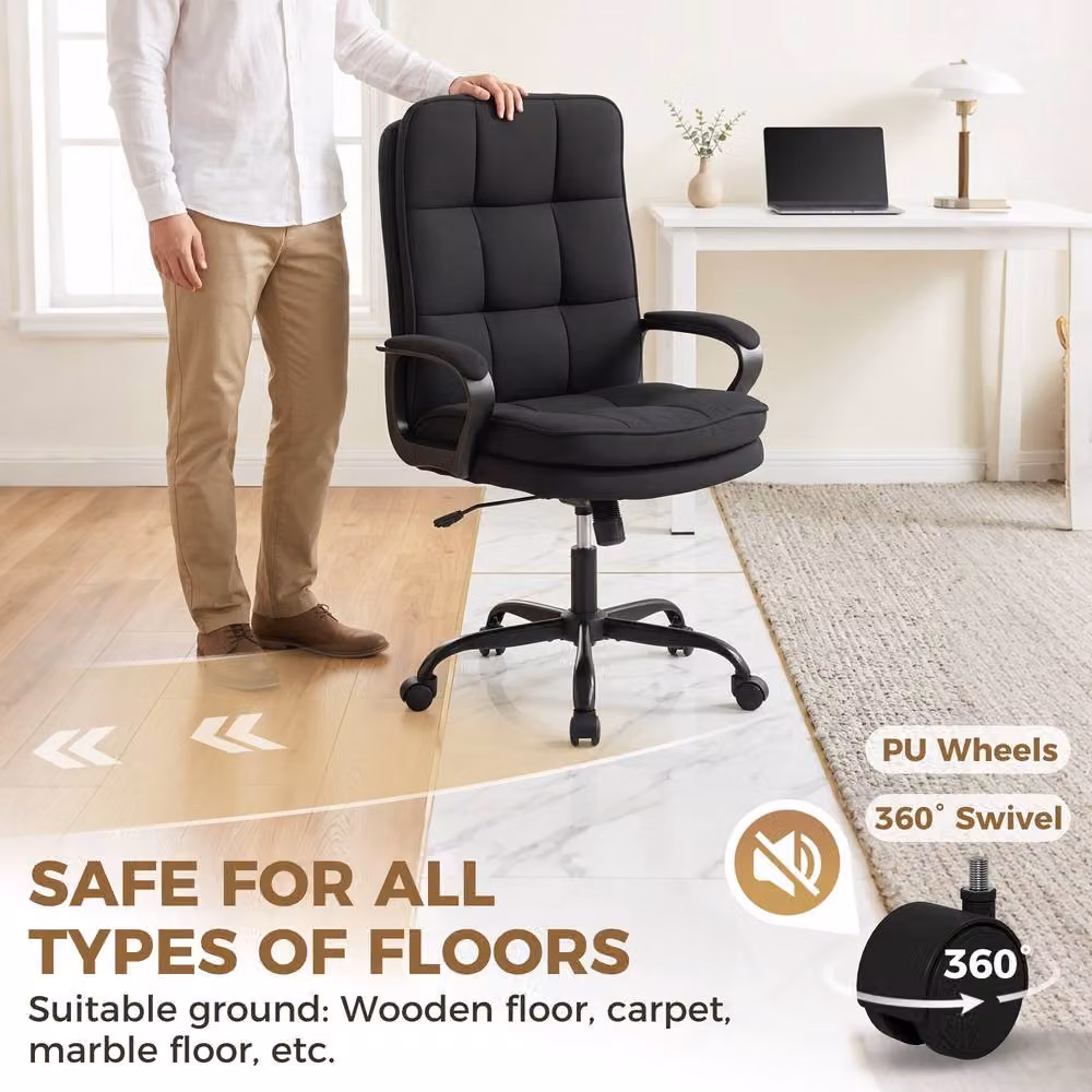STILVORA Black Linen High Back Office Task Chair with Armrests and Swivel Function – 8
