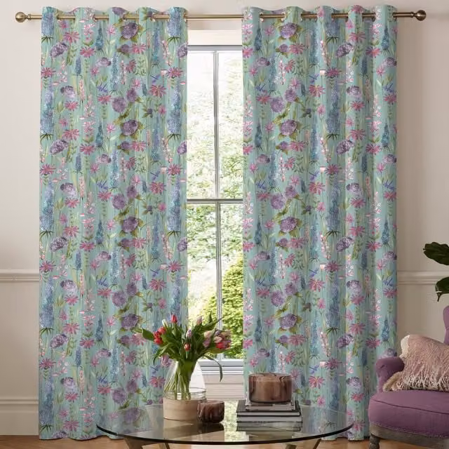 Voyage Florabunda Made to Measure Blackout Floral Curtain in Blue and Multicolour Cotton Linen Fabric with Eyelets