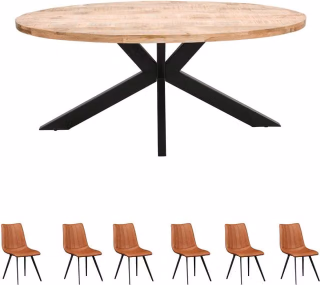 IH Design Modern Oval Mango Wood Dining Table and 8 Chairs Set in Brown
