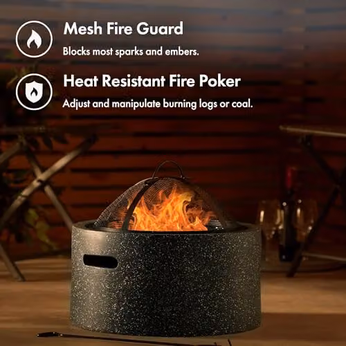 VonHaus 2-in-1 Fire Pit and BBQ Cooking Grill with Mesh Cover and Poker, Grey Stone Effect MgO Material – 2