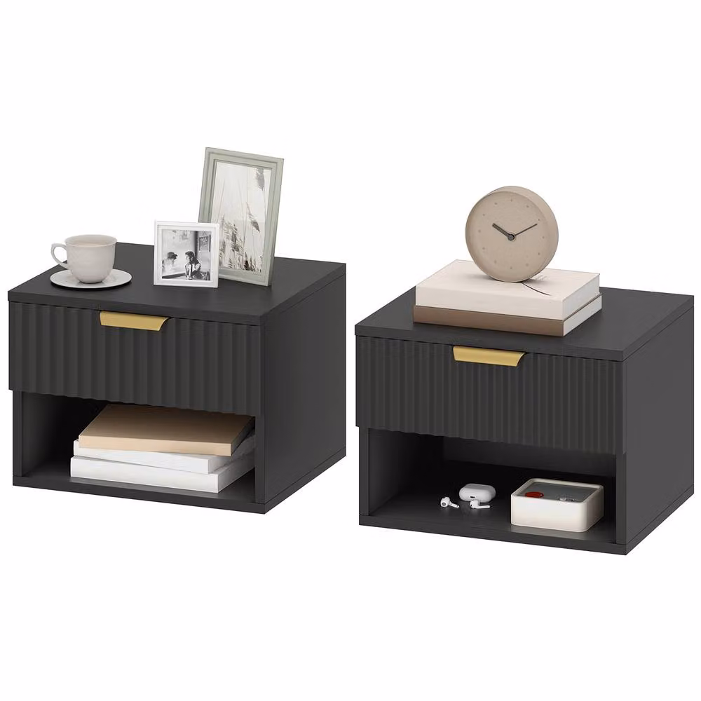 STILVORA Set of 2 Black Wall Mounted Bedside Cabinets with Soft Close Drawers – 4