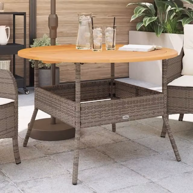 Berkfield Home Garden Table with Grey Poly Rattan and Acacia Wood Top, W: 110 cm, D: 71 cm