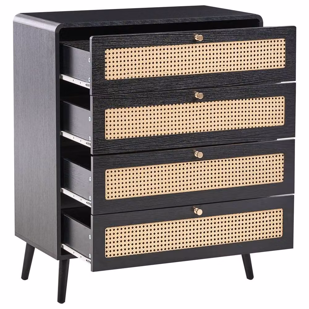Wyld and Coco Black 4-Drawer Chest with Rattan Front and Pine Legs – 4