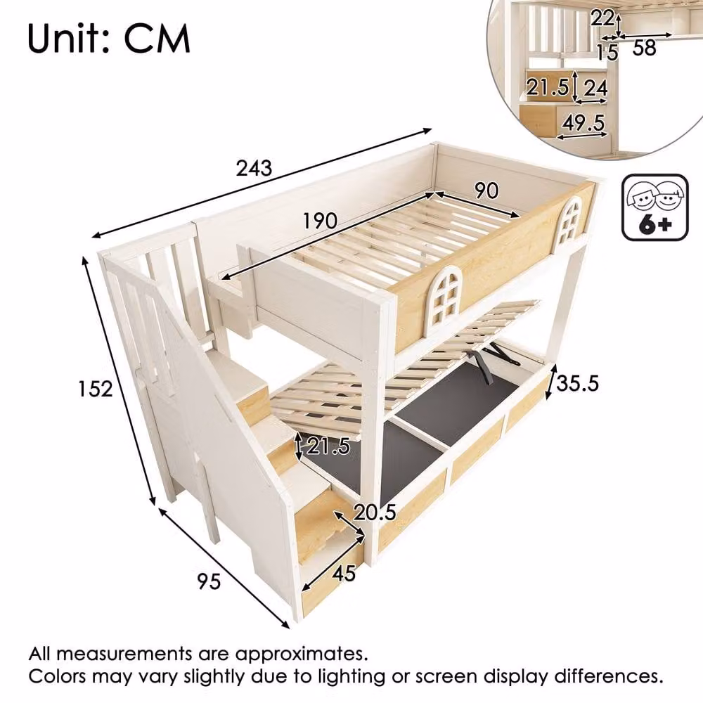 Matteo Children's Bunk Bed with Staircase Storage and Hydraulic Lift in White and Beige, W/D/H: 90 x 190 cm – 2