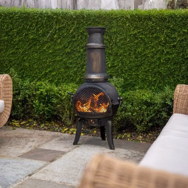 Monster Shop Cast Iron Chiminea Outdoor Patio Heater in Bronze Effect with Rain Cover and Poker, H 110 cm x W 50 cm x D 50 cm – 1