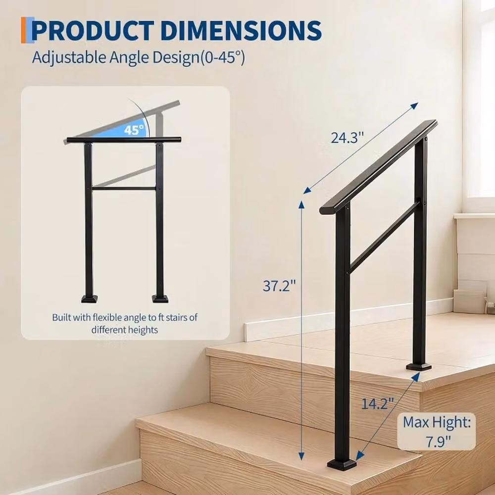 VOGREX Heavy Duty Weatherproof Steel Garden Handrail 2-Pack for 2 Steps in Matt Black – 2