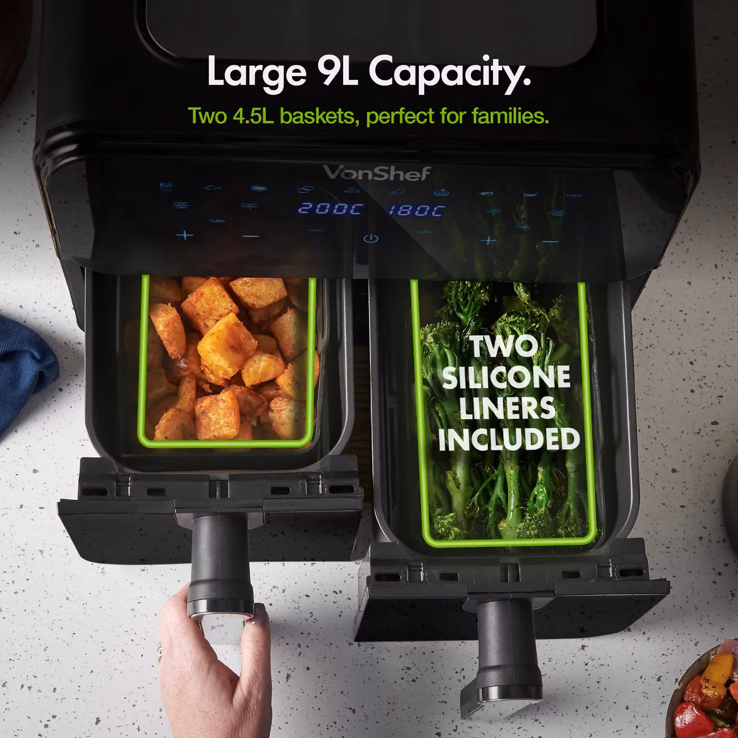 VonShef Dual Basket Air Fryer 9L with 2 Silicone Liners in Black – 3