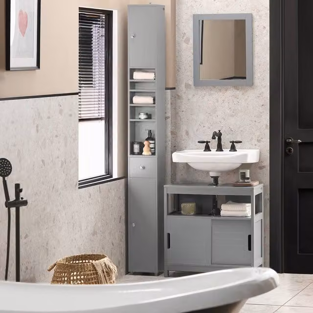 SoBuy Slim Tall Bathroom Cabinet in Light Grey, Modern MDF Storage Unit with Hinged Doors and Internal Shelves, Height: 180 cm – 1