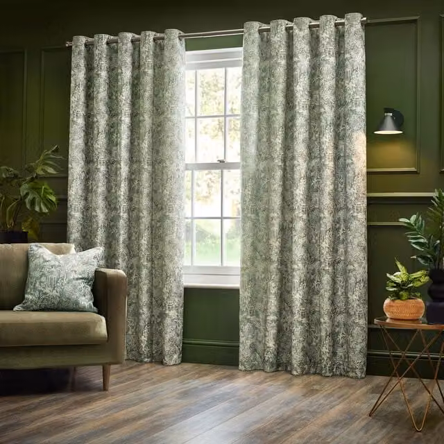 Set of 2 Bengal Green Chenille Eyelet Curtains, Opaque, Height: 229 cm, Width: 183 cm