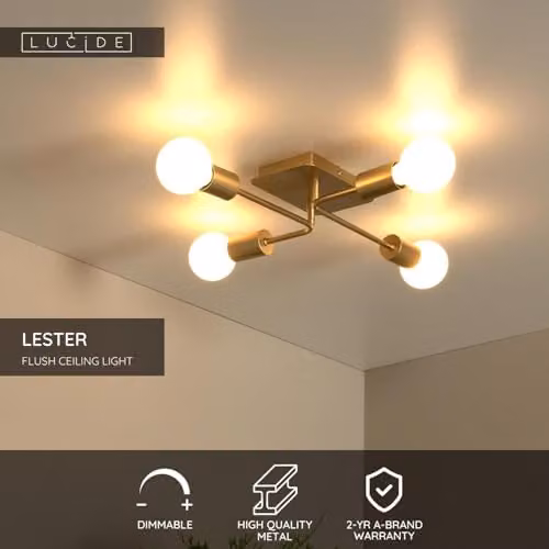 Lucide Lester Flush Ceiling Light in Matt Gold/Brass, 4 x E27 – 2