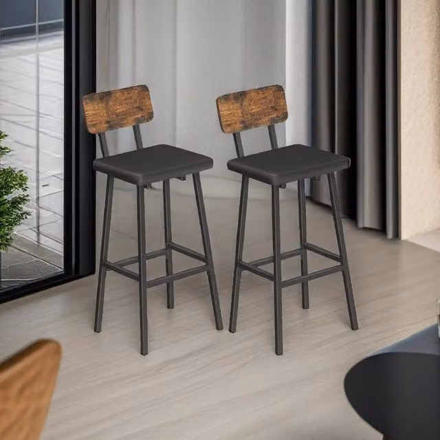 Modcraft Set of 2 Industrial Tall Bar Chairs with Backrest in Brown and Black Synthetic Leather