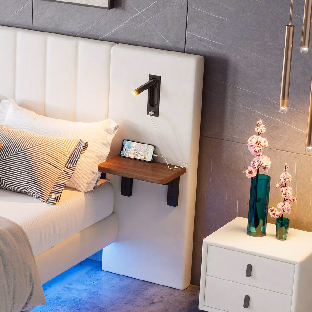BTM White Velvet Double Bed with USB Charging, Storage Headboard and Bedside Lamps, W/D/H: 140 x 200 cm – 3
