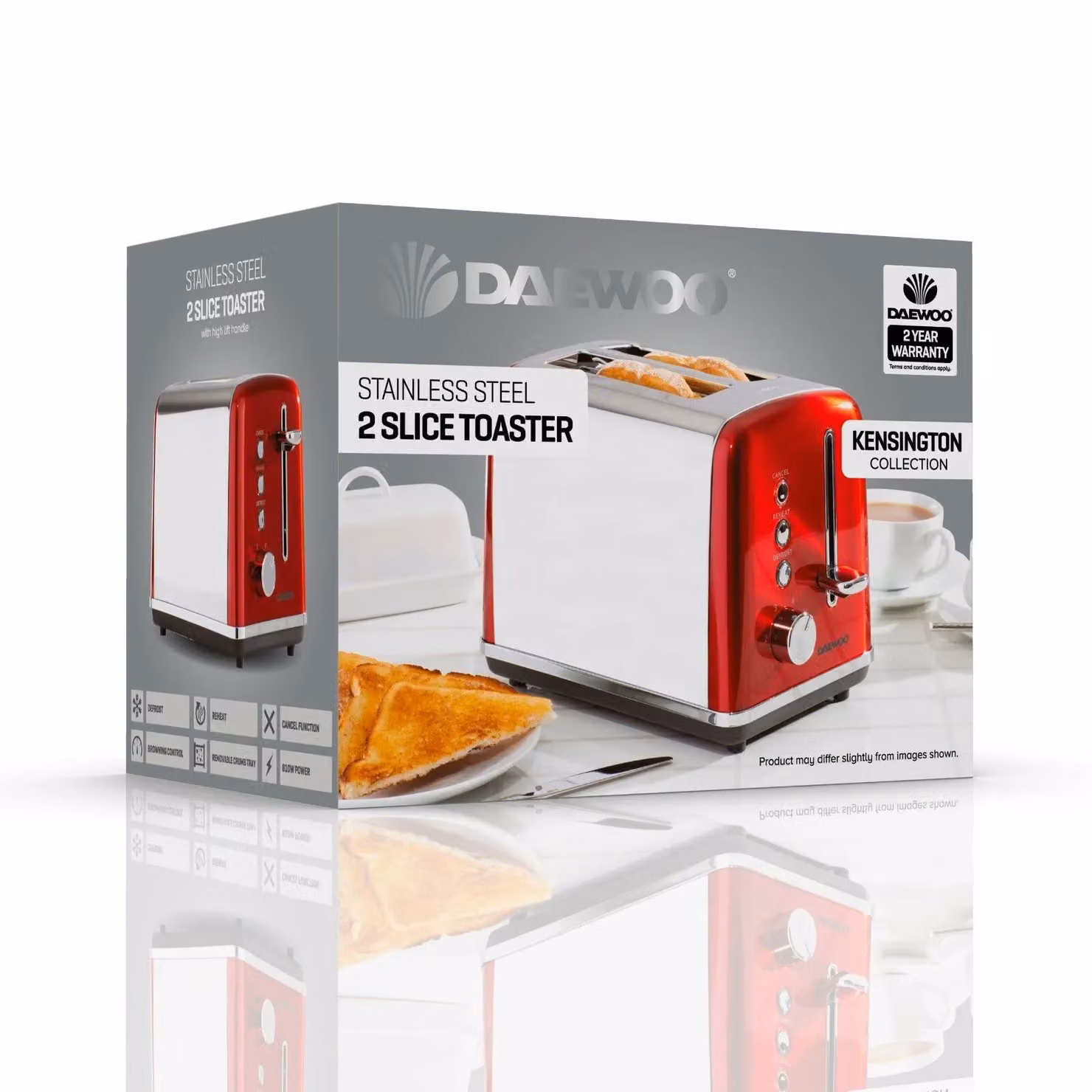 Daewoo Kensington 2 Slice Stainless Steel Toaster with Defrost and Reheat Functions, Red – 5