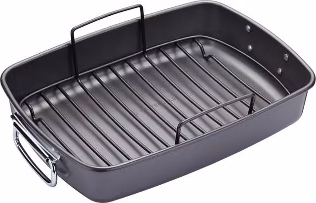 MasterClass Non-Stick Rectangular Carbon Steel Roasting Pan with Rack, Meat Thermometer and Carving Board, Grey