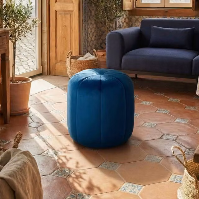 Wyld and Coco Blue Velvet Round Pouffe Compact Footstool and Accent Seat – 1