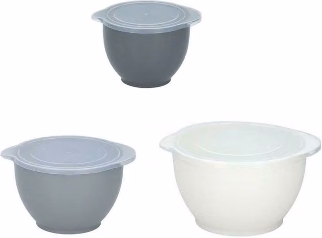 SPETLEK 3 Piece Nesting Mixing Bowl Set with Lids and Pouring Spouts in Grey, White and Transparent
