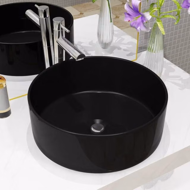 Berkfield Home Round Ceramic Basin, Black, W: 40 cm, D: 15 cm – 1