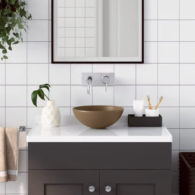 Berkfield Home Round Ceramic Countertop Bathroom Sink in Beige – 1